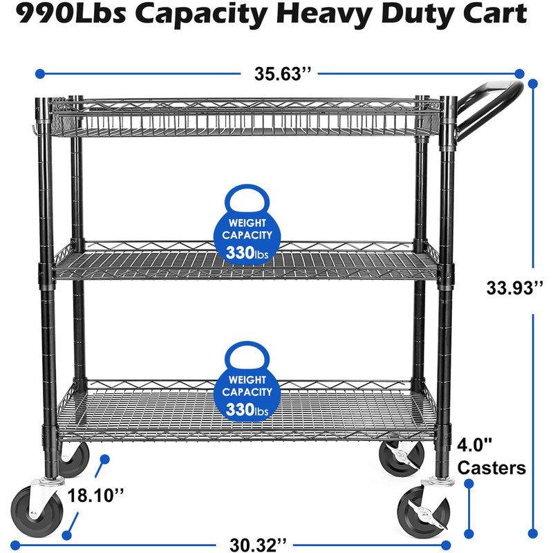 Black Metal 3-Tier Rolling Utility Cart with Handle