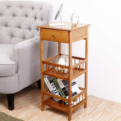Retro Bedside Table 2-Tier Square Nightstand With Drawer Sturdy Bamboo Sofa End Table Indoor Plant Display Table Coffee Side Table For Living Room,Bedroom,Balcony Corner