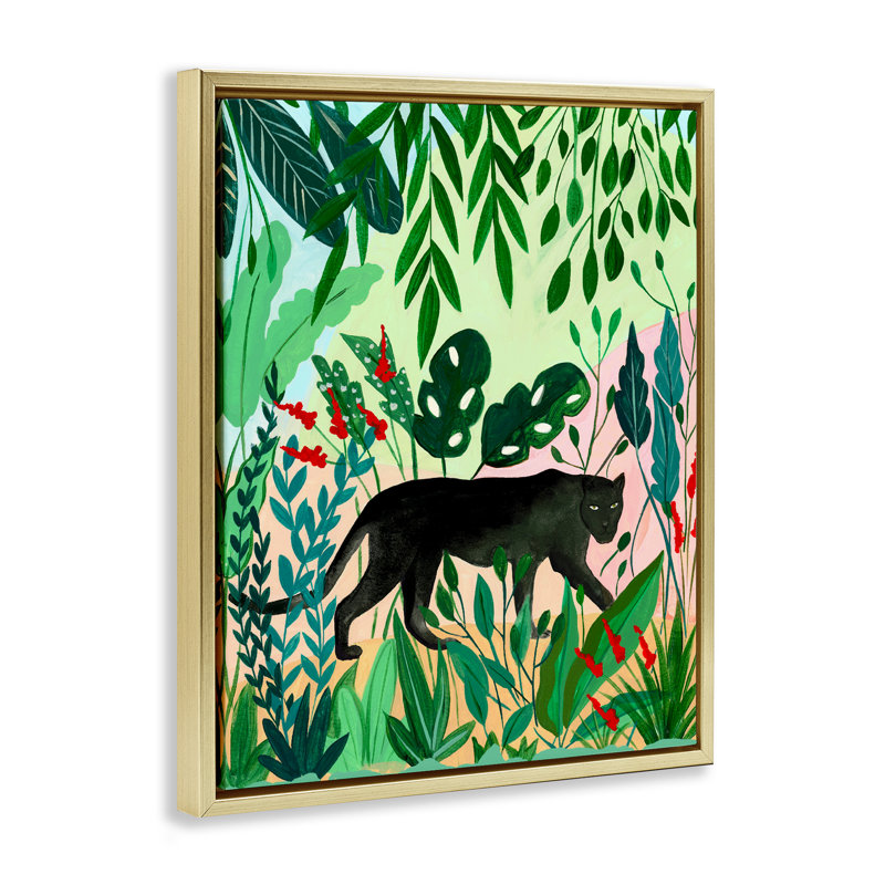 Cadre flottant Stoic Panther Tropical Forest, design par Nabeela Rumi, H 21 po x l 17 po, Cadre flottant métallique doré