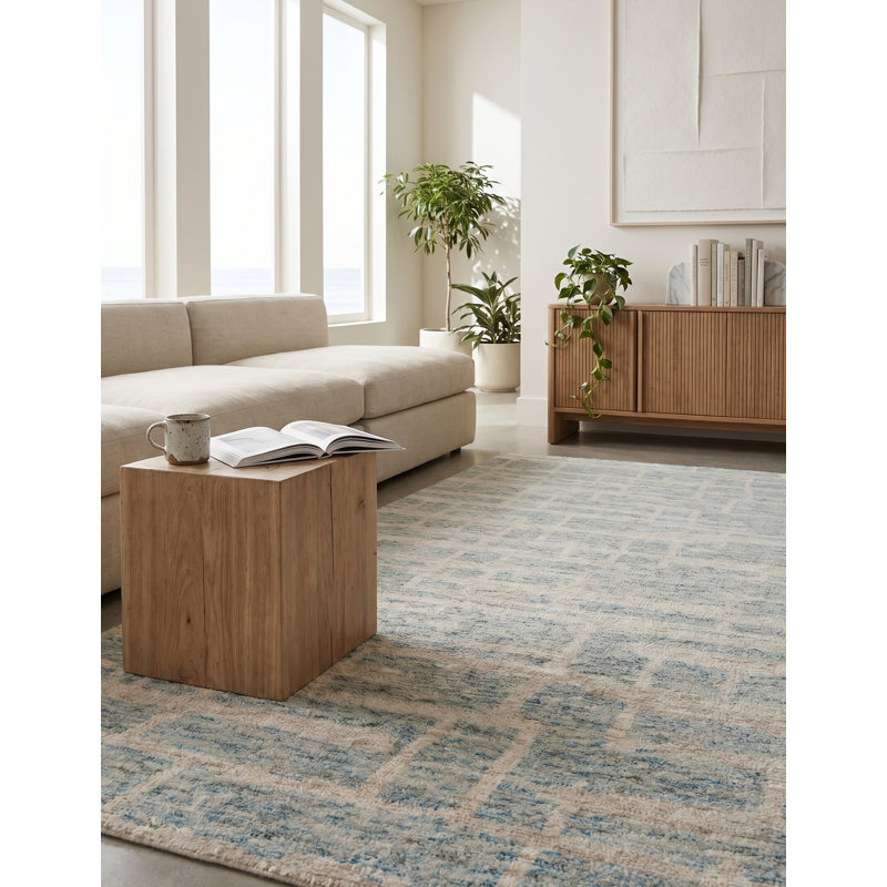 Aldridge Geometric Hand-Knotted Light Blue Area Rug, Rectangle 9' x 12'