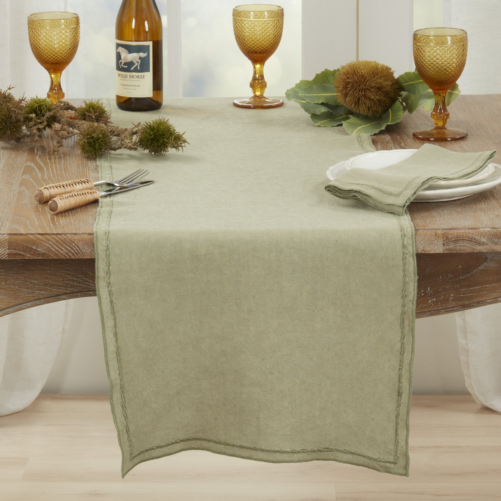 Aneta 72" Linen Table Runner, Sage Green
