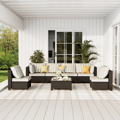 𝗡𝗼-𝗔𝘀𝘀𝗲𝗺𝗯𝗹𝘆 𝗖𝗵𝗮𝗶𝗿𝘀, Ensemble de conversation modulaire d'extérieur en osier pour 6 personnes avec ensemble de conversation avec coussins