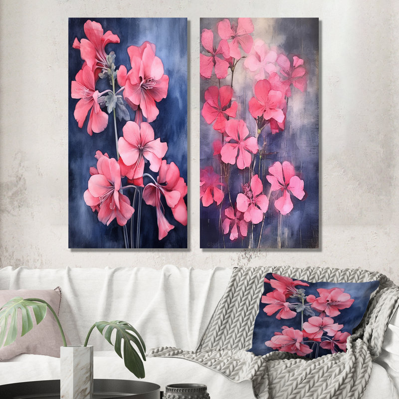 «Blue and Pink Geranium Minimal Expression - Geraniums», ensemble d'art mural sur toile, H 40 po x l 41 po, Toile tendue