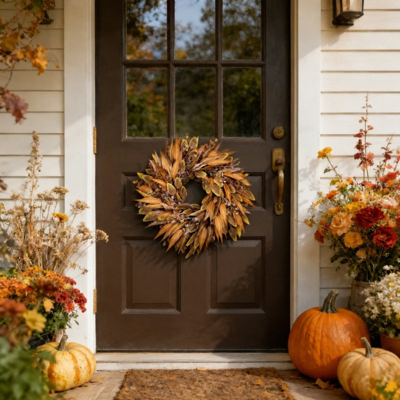 Couronne d'eucalyptus 24 po pour porte d'entrée - Grande couronne artificielle d'eucalyptus d'extérieur pour porche, fenêtre, maison de campagne, maison, vacances, décorations d'automne suspendues