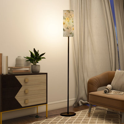  68.5" Standing Floor Lamp Floral Yellow Roses Green Dimmable Metal Pole Lamp with Linen Lampshade LED Bulb Included