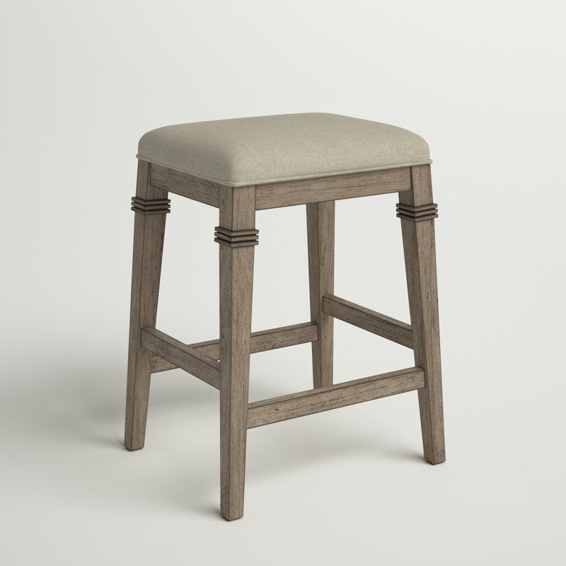Arasch Wood Backless Counter Height Stool, Distressed Gray/Ecru Linen