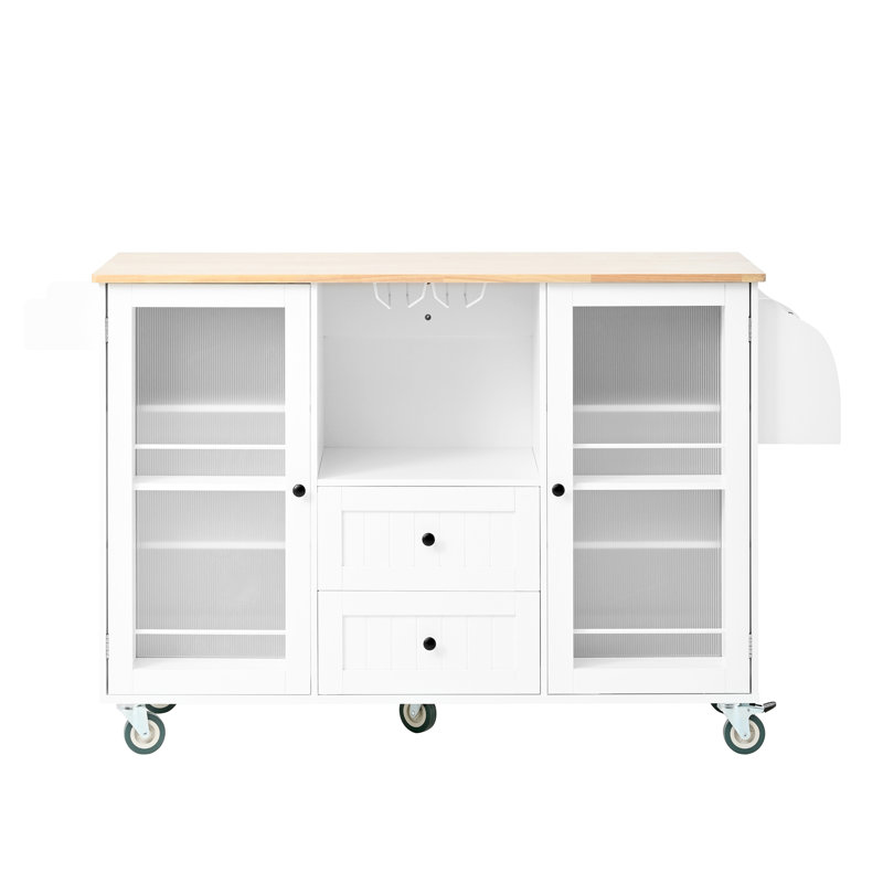 Kitchen Island Trolley With Drop - Leaf Counter Space, 2 Drawers, Door Unit, Towel And Spice , White , 47.47 In Long, 104.77 Lb Counter, Rack, Storage Rubberwood, 33.53 Tall, 145Lbs Load