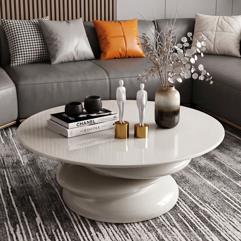 Table basse moderne haut de gamme en fibre de verre, table d'appoint ronde à pied central laqué brillant pour salon, livrée montée, gris pâle