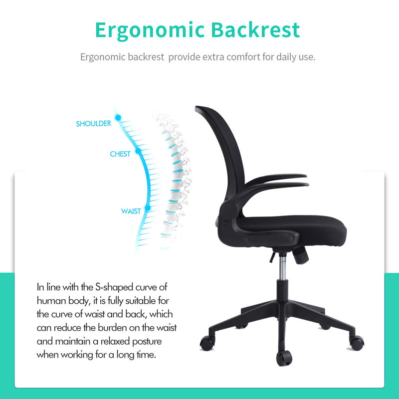 Chaise de bureau ergonomique pliable en filet à dossier moyen avec accoudoirs réglables pour économiser de l'espace, Noir