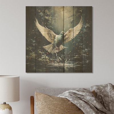 Green And White Dove Take Off Harmony - Dove On Wood Print