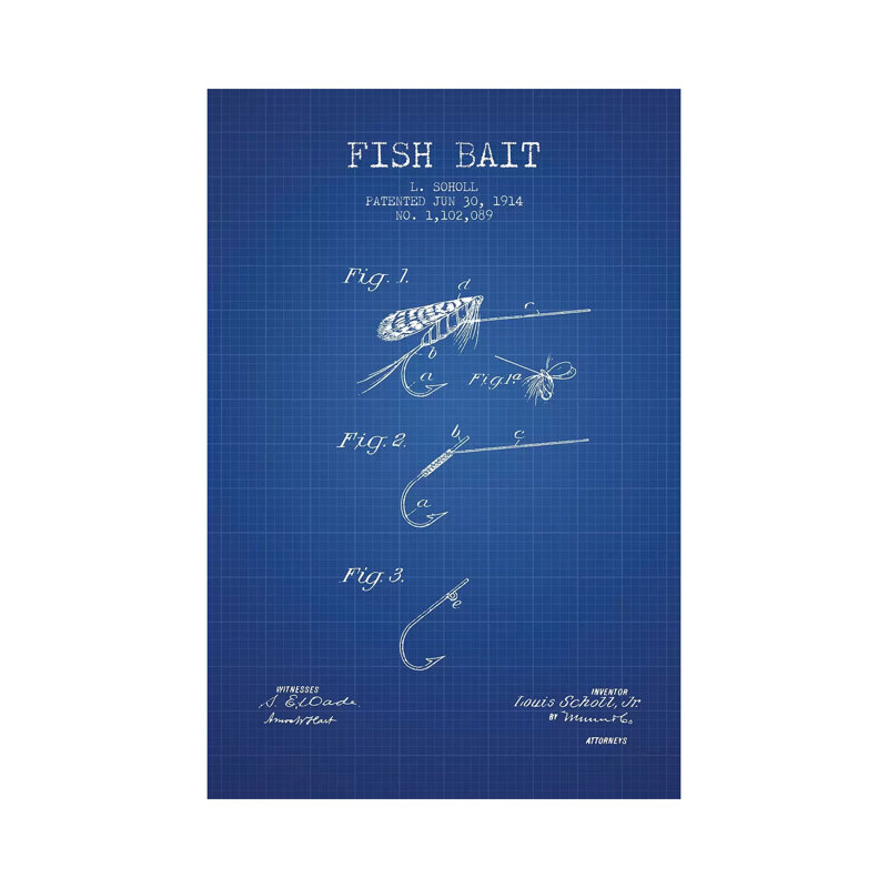 L. Soholl Fish Bait Patent Sketch (Blue Grid) by Aged Pixel - Wrapped Canvas Print, 20.32 cm H x 30.48 cm W x 1.91 cm D