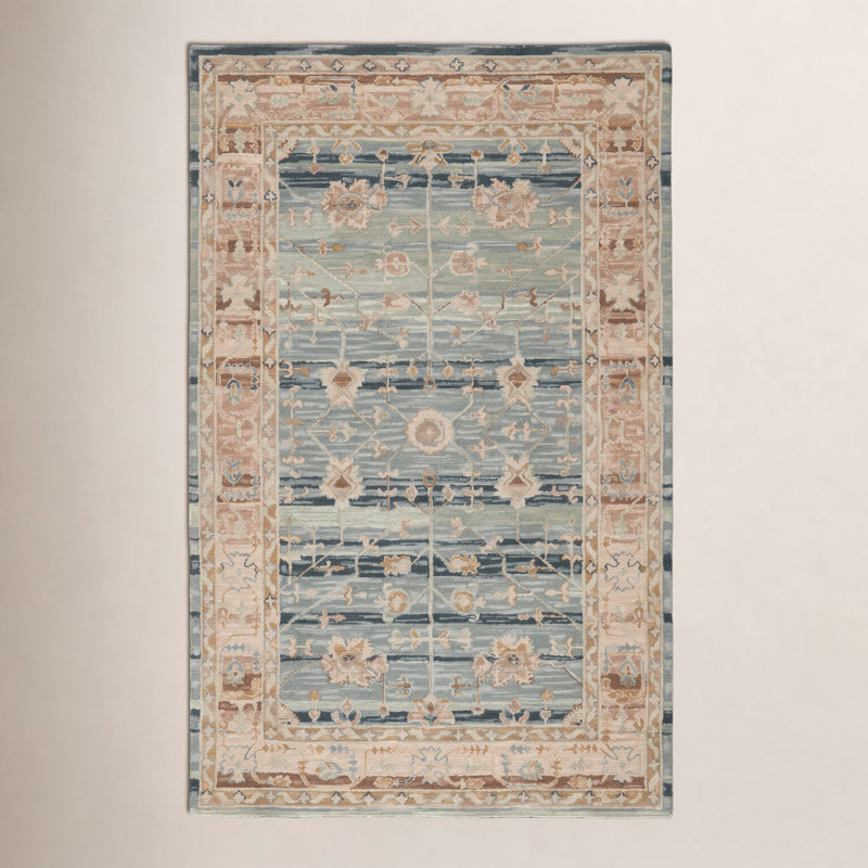 Tapis oriental bleu en laine touffeté à la main Corla, Rectangle de 5 pi x 8 pi