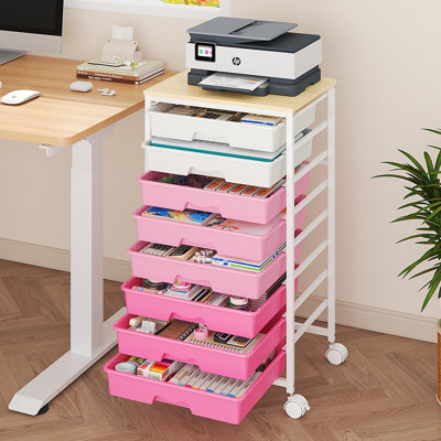 Chariot de rangement roulant 8 tiroirs avec plateau en bois, organiseur mobile avec roues verrouillables, rose