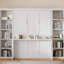 Grand lit avec bureau et bibliothèque en blanc - Fabrication robuste en bois de pin. Économiseur d'espace dans la chambre à coucher. Aucune boîte à ressorts nécessaire. Rangement abondant. Bibliothèque pliable pour économiser les ingrédients, animée et-172794180