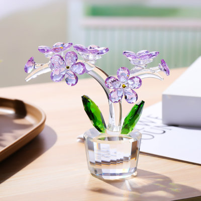 Crystal Forget-Me-Not Floral Figurine, Handcrafted Pink Flower Decorative Accent for Living Room, Bedroom and Office