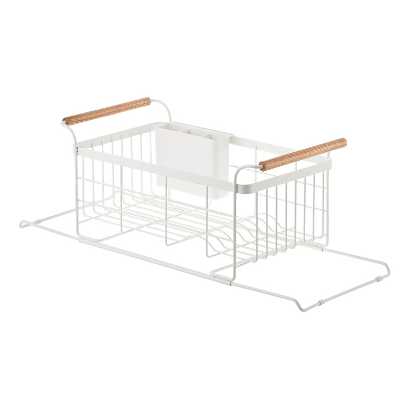 White Metal Over-the-Sink Dish Rack with Wooden Handles
