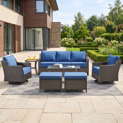 Ensemble de mobilier d'extérieur pour patio - Ensemble de 7 pièces de mobilier d'extérieur à dossier haut avec chaises berçantes pivotantes en osier et coussins de 6 po d'épaisseur pour repose-pieds