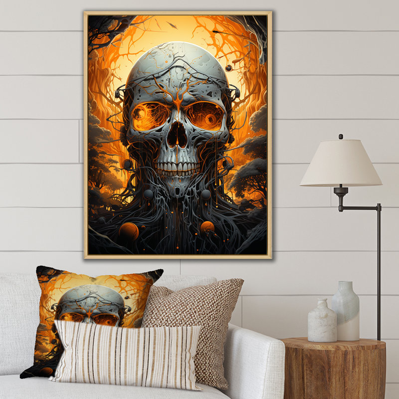 Tête de mort souriante pleine lune d'Halloween - impression, Cadre naturel flottant, H 40 po x l 30 po x P 1,5 po