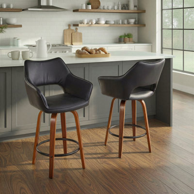 Sarah Fixed-Height Faux Leather Bar & Counter Stools with Bent Wood Legs & Round Footrest