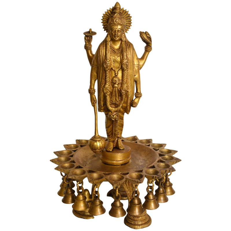 16" Lord Vishnu Brass Wick Lamp with Hanging Bells - Handcrafted Indian Temple Oil Lamp for Home Altar, Meditation & Spiritual Decor