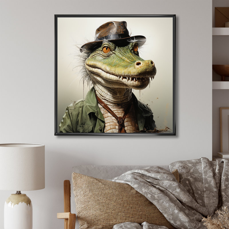 «Alligatorin» de campagne, art mural crocodile, H 30 po x l 30 po x P 1,5 po, Cadre flottant noir