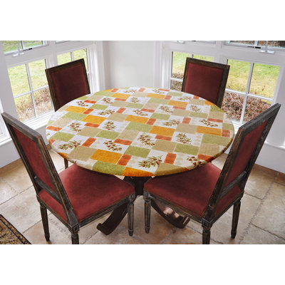 Red Barrel Studio® Deluxe Elastic Edged Flannel Backed Vinyl Fitted Table Cover - Olive Patch Pattern - Small Round - Fits Tables Up To 40" - 44" Diameter
