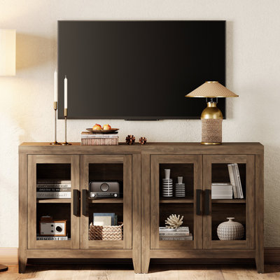 Farmhouse TV Stand For Tvs Up To 65”, Rustic Wood Entertainment Center With Adjustable Shelf, Glass Doors & Storage, Media Console Cabinet For Living- by Latitude Run