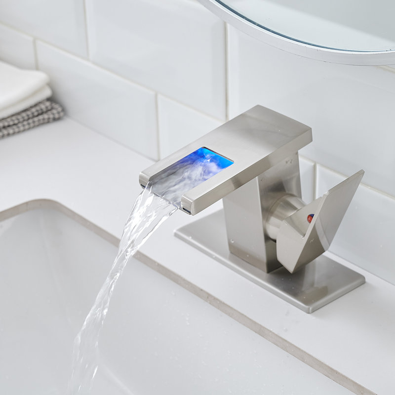 Robinet de lavabo de salle de bain à DEL, bec cascade, installation monotrou sur le comptoir, poignée simple, nickel brossé, eau froide chaude