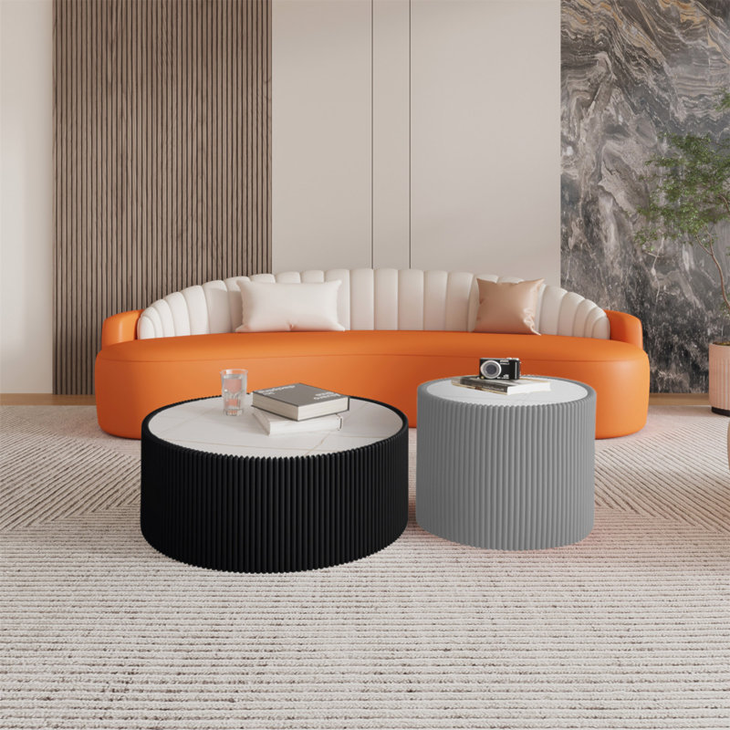 Table basse moderne en cuir clair avec plateau en marbre, Noir
