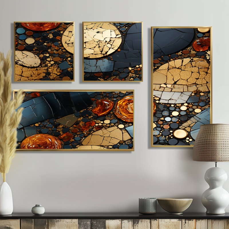 Carreaux de mosaïque dorés et noirs III - impressions sur toile dorées 4 pièces, Impression encadrée sans passe-partout, Doré