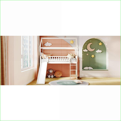 Lit mezzanine simple avec glissade, sans sommier, blanc / gris / espresso pour la chambre à coucher
