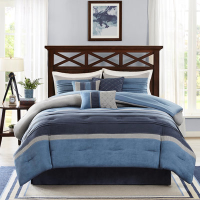 Édredon très grand en microsuède bleu marine avec motif plissé et 7 coussins en tissu pour le lit