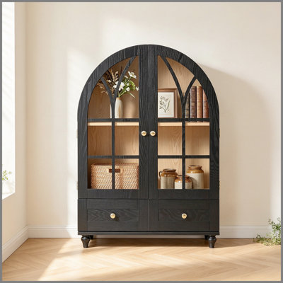 Vitrine arquée avec portes en verre trempé, armoire de rangement en bois avec finition grain de bois naturel, pieds d'appoint en bois massif avec tiroirs pour le salon, la salle à manger, le bureau