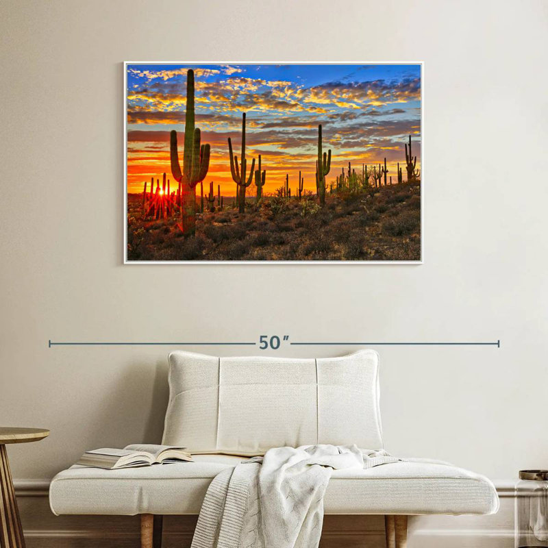Cactus coucher de soleil, Cadre flottant blanc, 40 po x 27 po
