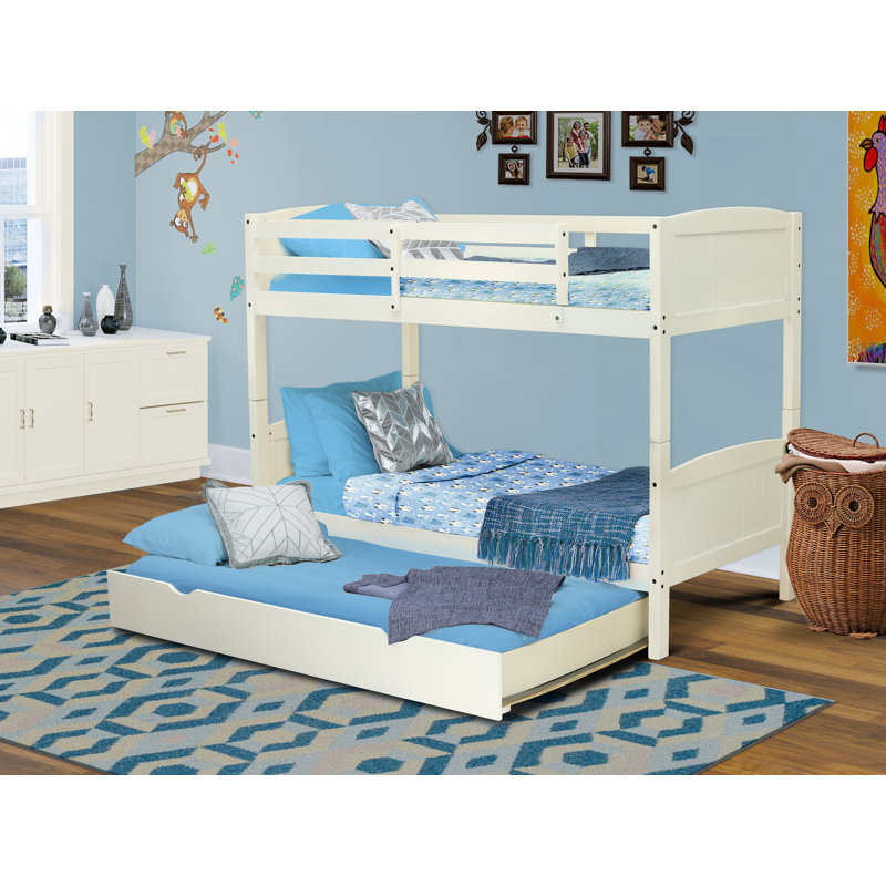 Lits simples superposés en bois massif avec lit gigogne, pour chambre à coucher pour adolescents, finition lin blanc., Cream