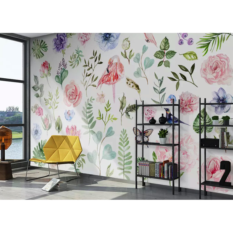 Murale flamant rose et feuille, l 114 po x L 204 po
