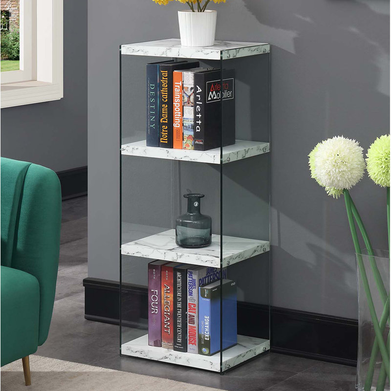 Allegonda Glass Standard Bookcase, (4 Shelves) 40.75" H x 15.75" W x 12" D, White Faux Marble