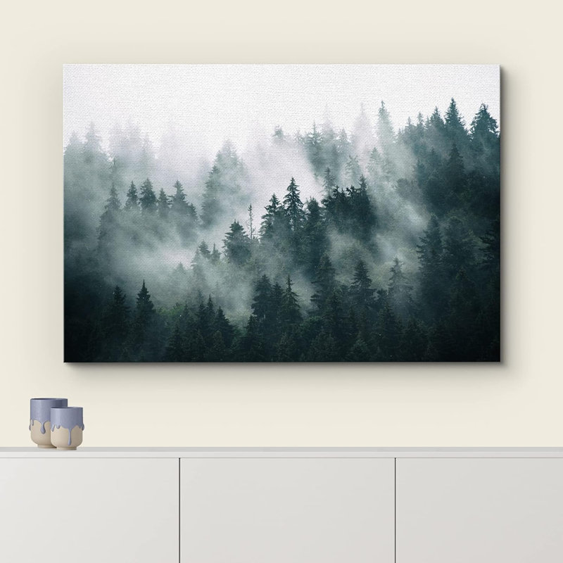 «Green Misty and Fog Forest Nature Landscape», reproduction d'art moderne sur toile encadrée, Toile tendue