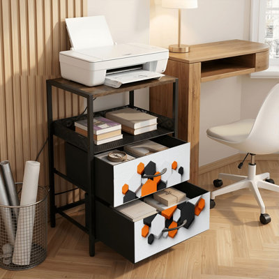 Table de chevet 2 tiroirs avec station de charge, table de chevet pour chambre à coucher avec ports USB, tablette ouverte noire, table de chevet avec impression abstraite hexagonale 3D orange noir blanc blanc