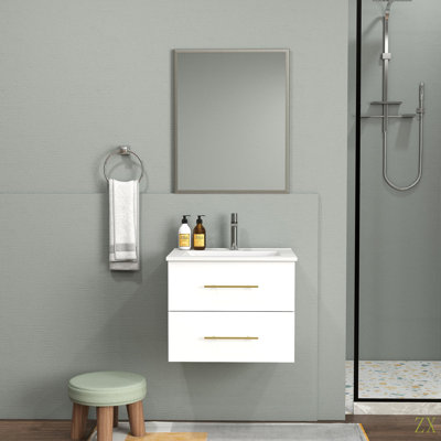 24-Inch Wall-Mounted Bathroom Vanity With Sink And Mirror Combo,Double Drawers, Ceramic Basin,Aluminum Frame,Easy Assemble,Long Handle  Metal,2 Storage Drawers