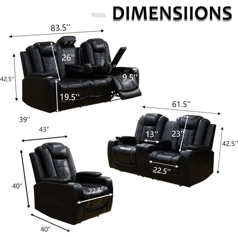 Ensemble de canapé inclinable 3 pièces en cuir noir