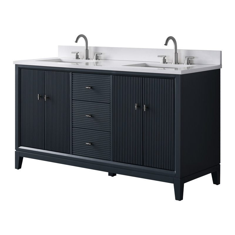 Meuble-lavabo autoportant à double cuve 60 po avec plateau en marbre Caldwell, Blanc Arabescato, Bleu épinette rétro