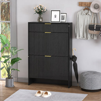 Armoire à chaussures étroite cannelée avec poignées dorées
