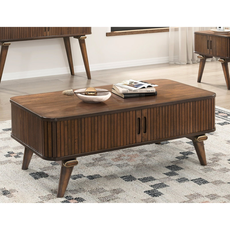 Table basse décorative moderne avec finition noyer et 2 tablettes de rangement Mid-Century fixes
