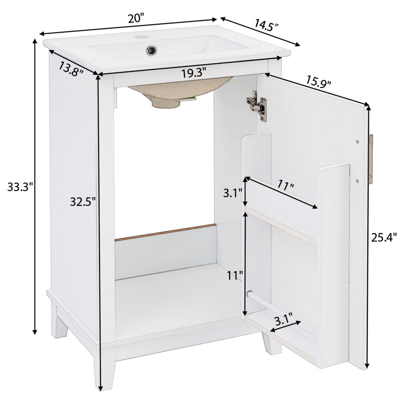20" Single Bathroom Vanity With Ceramic Top, White