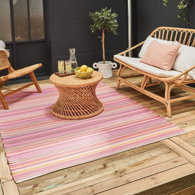 Rainbow Collection Outdoor Rug Striped Design in Pink