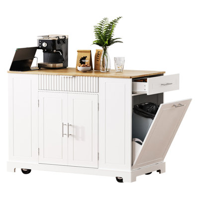 Fluted Kitchen Island With Trash Can Storage Cabinet, Power Outlet, Internal Storage Rack, Rolling Kitchen Islands On 5 Wheels With 3 Drawer, 3 Open Side Racks For 10 Gallon Garbage Bin