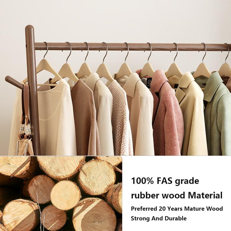 Portant à vêtements en bois massif avec tablette et crochet, Noyer