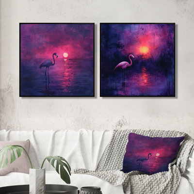 Lavande, silhouette de flamant rose dans la nuit I - Art mural animal flamant rose - ensemble de 2 décorations murales modernes