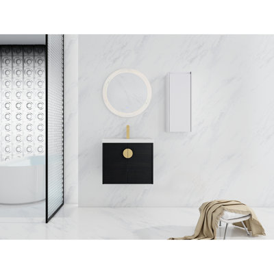 Meuble-lavabo de salle de bain moderne avec lavabo en céramique et tablette latérale - châtaignier noir, matériaux durables, généreux contreplaqué de compartiment d'armoire de 24 po, suffisant